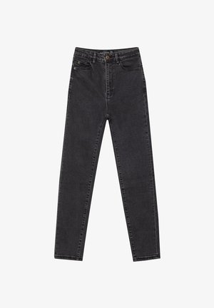 Black denim jeans with a high waist, straight cut, five-pocket design, and a button closure. Textured fabric with subtle fading.