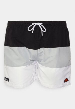 Schwarze, graue und weiße Badeshorts mit elastischem Bund und Kordelzug. Mit einem Logo-Patch und horizontalem Farbblock-Design.