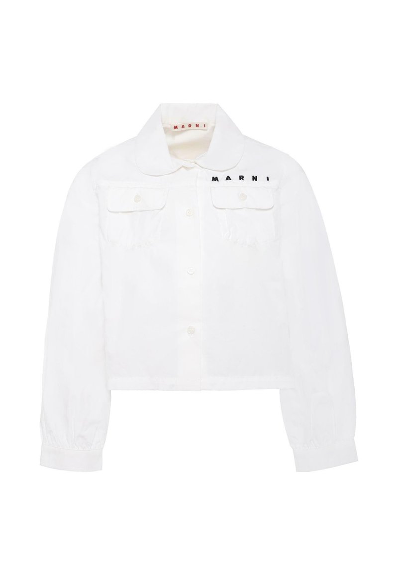 Giacca bianca corta con colletto arrotondato, chiusura a bottoni, due tasche sul petto e logo ricamato "MARNI" in nero. Materiale in cotone testurizzato.