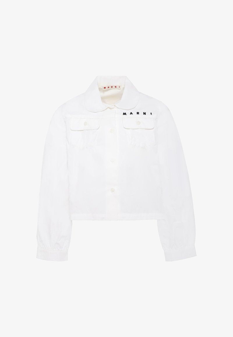 Giacca bianca corta con colletto arrotondato, chiusura a bottoni, due tasche sul petto e logo ricamato "MARNI" in nero. Materiale in cotone testurizzato.