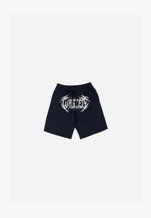 Black cotton shorts with an elastic waistband, featuring a prominent white graphic design on the front. Classic straight-leg cut.