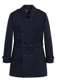 Granatowy dwurzędowy płaszcz trencz z zapinanym na guziki paskiem, naramiennikami i regulowanymi paskami na mankietach, z klasycznym kołnierzem.