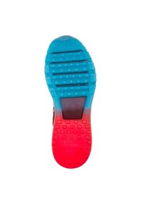 Sole of a sports shoe featuring a gradient design, transitioning from blue at the top to red at the bottom, with textured grip patterns.