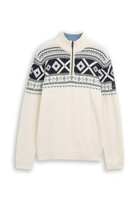 Weißer gestrickter Pullover mit halb abgeschließendem Kragen, der ein geometrisches Muster in Marineblau und Hellblau über die Brust zeigt. Strukturiertes Material.