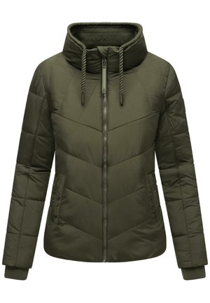 Dark green padded jacket with a high collar, zip front, and chevron quilting. Features drawstring accents and side pockets. Smooth fabric texture.