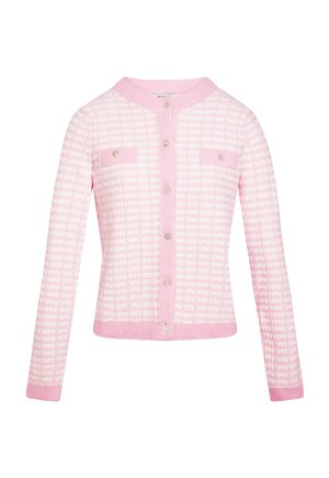 Cárdigan a cuadros en rosa claro y blanco con mangas largas, cuello redondo, botones en la parte delantera y dos bolsillos en el pecho con botones.