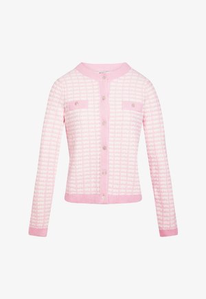 Lyserød og hvid ternet cardigan med lange ærmer, rund halsudskæring, knapper foran og to brystlommer med knaplukning.