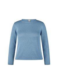 Helles blaues langärmliges Strickpullover mit Rundhalsausschnitt und strukturiertem Muster, auf einem weißen Hintergrund präsentiert.