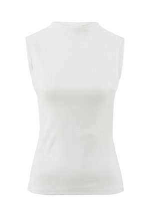 Sleeveless white ribbed top featuring a high neck and fitted design, made from smooth fabric, with a seamless finish and minimalist style.