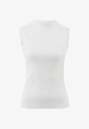 Sleeveless white ribbed top featuring a high neck and fitted design, made from smooth fabric, with a seamless finish and minimalist style.