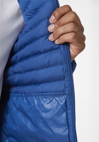 Interior de chaqueta acolchada azul con relleno acolchado, que muestra una textura suave y brillante y un zipper de longitud completa en el lado izquierdo.