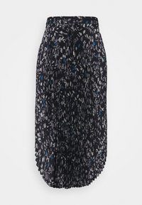 Pleated midi-hame tumma kangasta, jossa on harmaita ja sinisiä kukkakuoseja. Hameessa on joustava vyötärö ja pyöristetty helma.