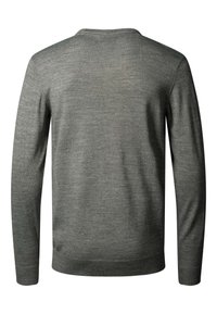 Pitkähihainen harmaa villapaita, jossa on resorit hihansuissa ja helmassa, esitettynä takaa valkoisella taustalla.