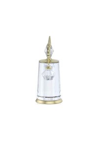 Campana in cristallo trasparente con base dorata e una parte superiore ornata che presenta una forma di diamante sfaccettato. Include un accento di cristallo sospeso.