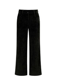 Pantalon en velours côtelé noir à jambes larges avec une surface texturée, poches avant et fermeture à bouton à la taille.