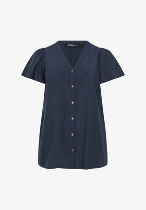 Granatowa bluzka z krótkim rękawem, dekoltem w serek i zapięciem na guziki z przodu, z lekko bufkowatymi rękawami i luźnym krojem.