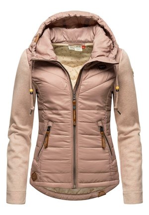Leicht rosa gesteppte Damenjacke mit gepolstertem Körper, weichen Stoffärmeln, Kapuze mit Kordelzug und Reißverschluss vorne.