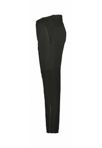 Zwarte, taps toelopende broek met een gladde textuur. Bevat een elastische tailleband, ritszakken en ritsen aan de enkels.