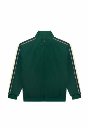 Green track jacket with a high collar, front zipper, and side pockets. Features contrasting white stripes along the sleeves.