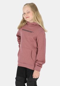 Maroon hoodie with a high neck and front pocket, featuring a printed logo. Paired with black pants, showcasing a relaxed fit and soft texture.