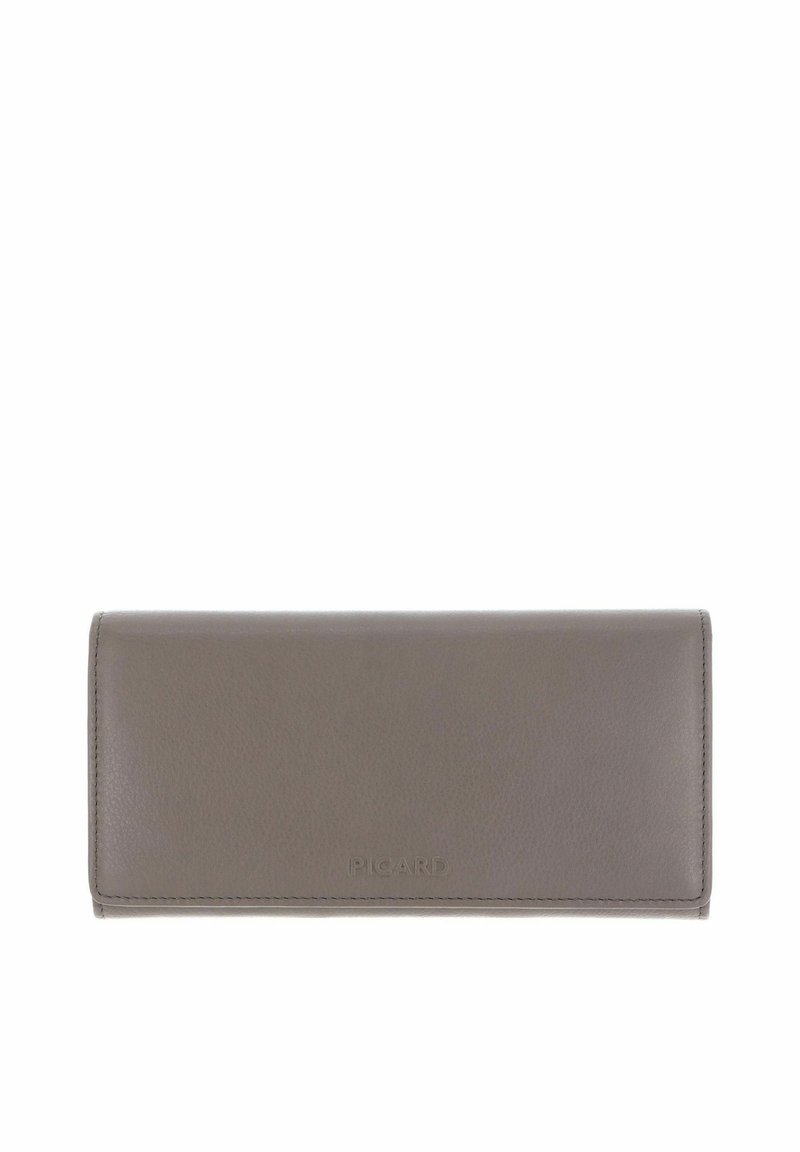 Portefeuille en cuir gris avec une texture lisse, de forme rectangulaire, et un logo de marque subtilement embossé au centre sur le devant.