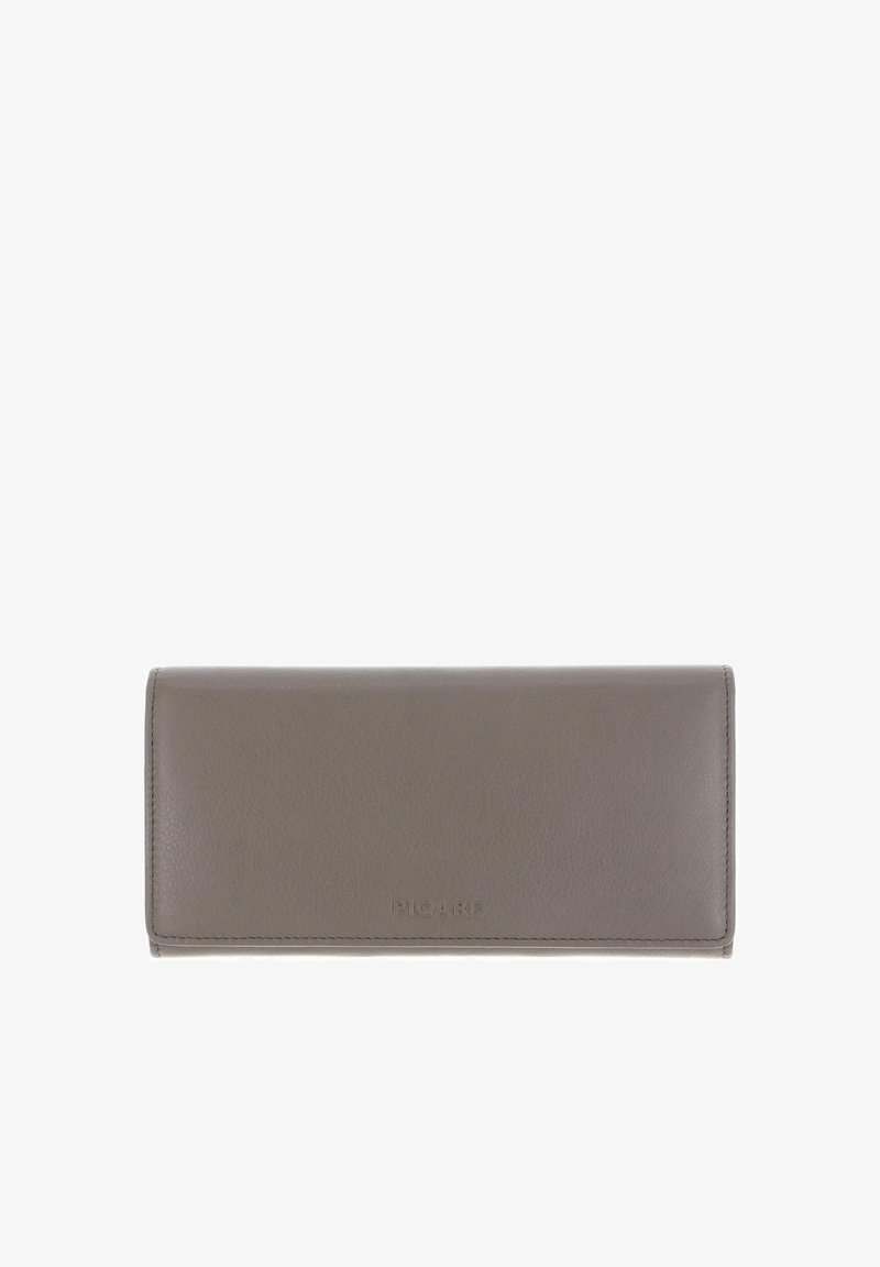 Portefeuille en cuir gris avec une texture lisse, de forme rectangulaire, et un logo de marque subtilement embossé au centre sur le devant.