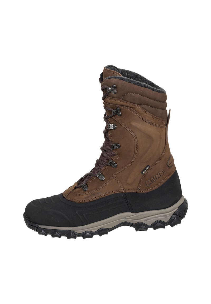 Braune Leder-Wanderschuhe mit hohem Knöchel, grauem Fleecefutter, Metallösen und einer strukturierten schwarzen Gummisohle für Grip.