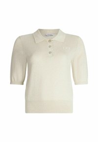 Polo a maniche corte in crema con finitura testurizzata, dotato di colletto e tre bottoni in plastica sul davanti.