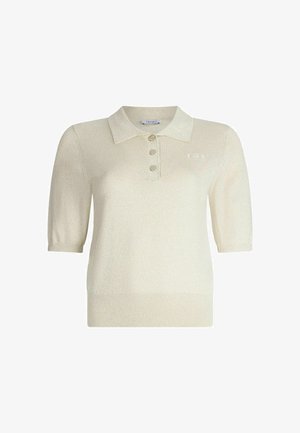 Polo tričko s krátkým rukávem v krémové barvě s texturovaným povrchem, s límečkem a třemi plastovými knoflíky vpředu.
