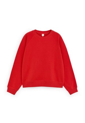 Rotes Sweatshirt mit langen Ärmeln und Rundhalsausschnitt, mit gerippten Bündchen und Saum, auf weißem Hintergrund dargestellt.