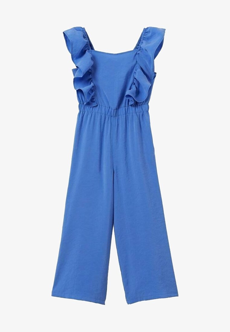 Combinaison sans manches bleue avec bretelles volantées, taille élastique et pantalons à jambes larges.