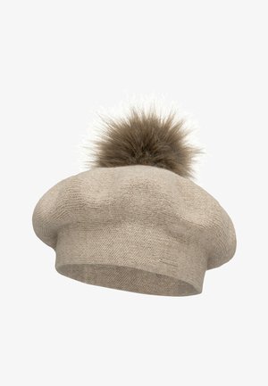Beżowy dziany baretek o miękkim, zaokrąglonym kształcie i wyraźnym brązowym futrzanym pomponie na szczycie. Posiada subtelną fakturę i małą metkę z marką.