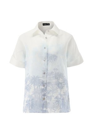 Weißes Kurzarmhemd mit hellblauem Palmenmuster, versehen mit einer durchgehenden Knopfleiste und einem klassischen Kragen. Glatte Stofftextur.