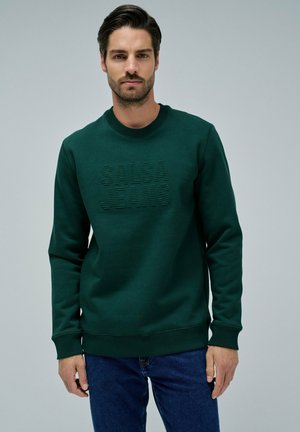 Groene sweatshirt met een ronde hals en lange mouwen. Voorzien van verhoogde tekst "SALSA JEANS" over de voorkant. Gemaakt van zacht, glad materiaal.
