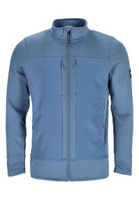 Blaue Zip-Jacke aus strukturiertem Stoff. Mit hohem Kragen, zwei vorderen Zip-Taschen und elastischen Bündchen.