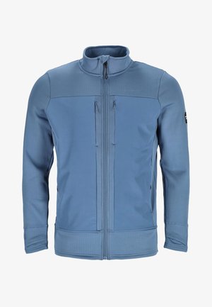 Niebieska kurtka zapinana na zamek wykonana z teksturowanej tkaniny. Posiada wysoki kołnierz, dwie przednie kieszenie na zamek oraz dopasowane mankiety.