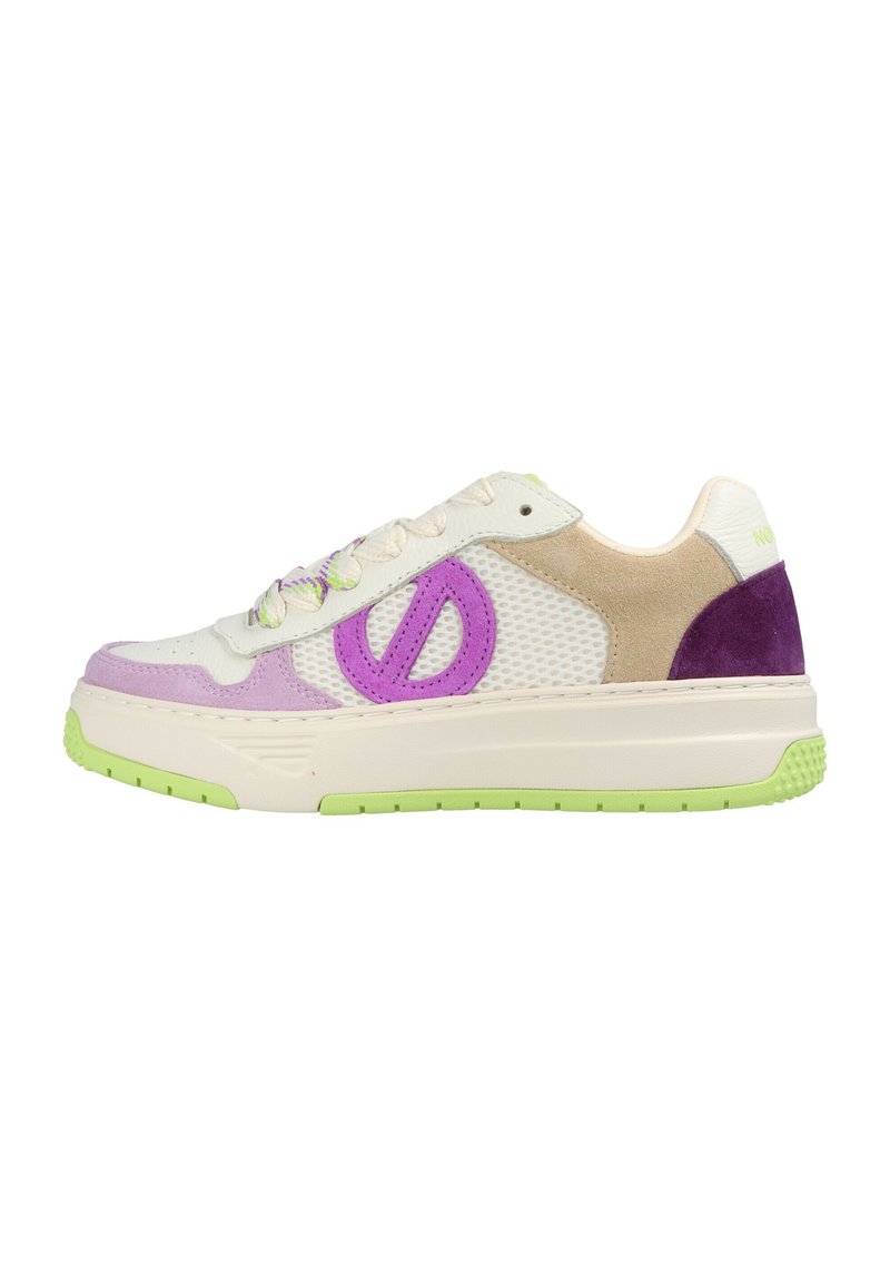 Sneaker with a mesh and suede upper in white, beige, purple, and green. Features a prominent purple logo and a textured green sole.