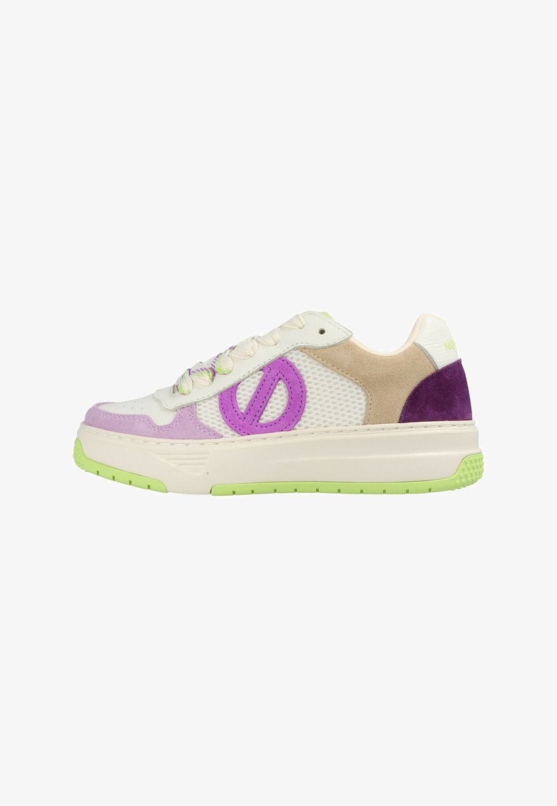 Sneaker with a mesh and suede upper in white, beige, purple, and green. Features a prominent purple logo and a textured green sole.