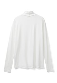 Weißes langärmliges Rollkragenshirt mit lockerer Passform, von hinten auf einem schlichten weißen Hintergrund gezeigt.