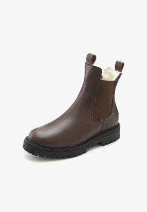 Braune Leder-Chelsea-Boots mit elastischen Seiteneinsätzen, Zuglaschen und einer robusten schwarzen Sohle. Verfügt über eine glatte Textur und minimale Designakzente.