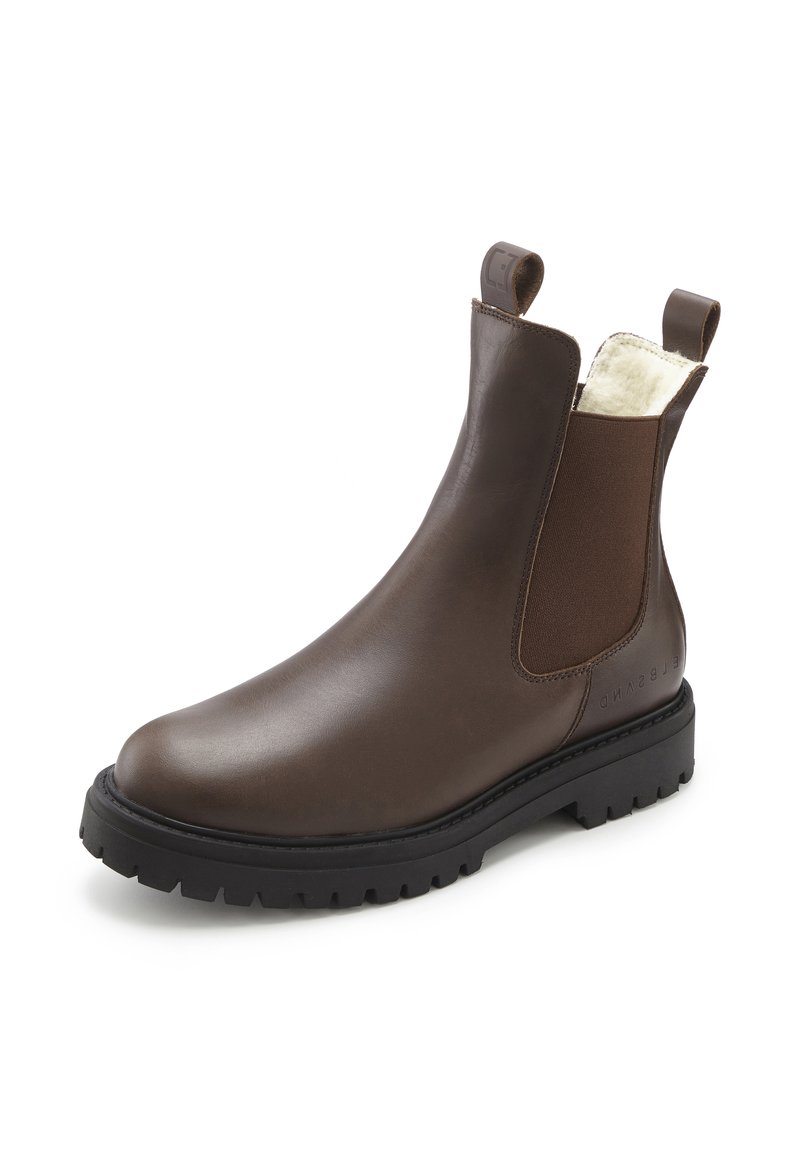 Braune Leder-Chelsea-Boots mit elastischen Seiteneinsätzen, Zuglaschen und einer robusten schwarzen Sohle. Verfügt über eine glatte Textur und minimale Designakzente.