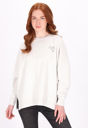 Szary sweatshirt o luźnym kroju, z prążkowanym dekoltem i haftowanym napisem na piersi. Posiada boczne rozcięcia i długie rękawy.