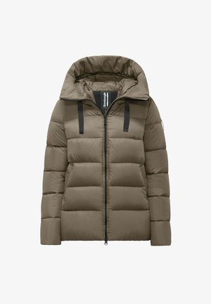 Padded hooded jacket in olive green, featuring a zip front, black straps, and quilted sections for insulation. Smooth, textured fabric.