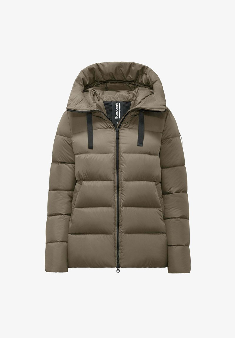 Padded hooded jacket in olive green, featuring a zip front, black straps, and quilted sections for insulation. Smooth, textured fabric.