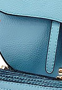 Lichtblauwe leren handtas met een gladde textuur, een gebogen klep en gouden hardware-accenten. Heeft een rits en decoratieve stiksel.