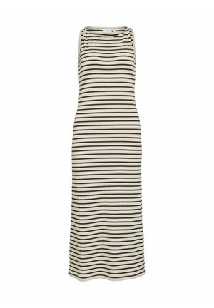 Rochie midi fără mâneci cu dungi orizontale alb-negru, decolteu rotund și textură reiată pe fundal alb.