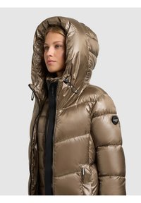 Vadderad jacka med huva i metallisk brons. Har hög krage, dragkedja fram och svarta detaljer. Mjuk textur med quiltade sektioner.