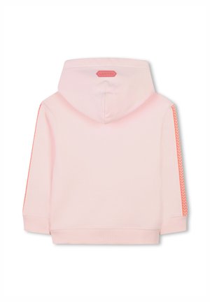 Rosa Kapuzenpullover mit geripptem Saum und Bündchen. Beinhaltet orangefarbene Zickzackakzente an den Ärmeln und ein kleines Logo auf der Rückseite. Glatte Textur.