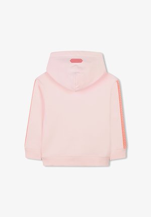 Rosa Kapuzenpullover mit geripptem Saum und Bündchen. Beinhaltet orangefarbene Zickzackakzente an den Ärmeln und ein kleines Logo auf der Rückseite. Glatte Textur.