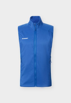 Μπλε αμάνικο εξωτερικό γιλέκο με ψηλό γιακά, εμπρόσθιο φερμουάρ, πλαϊνές τσέπες και λογότυπο «Mammut» στο αριστερό στήθος.
